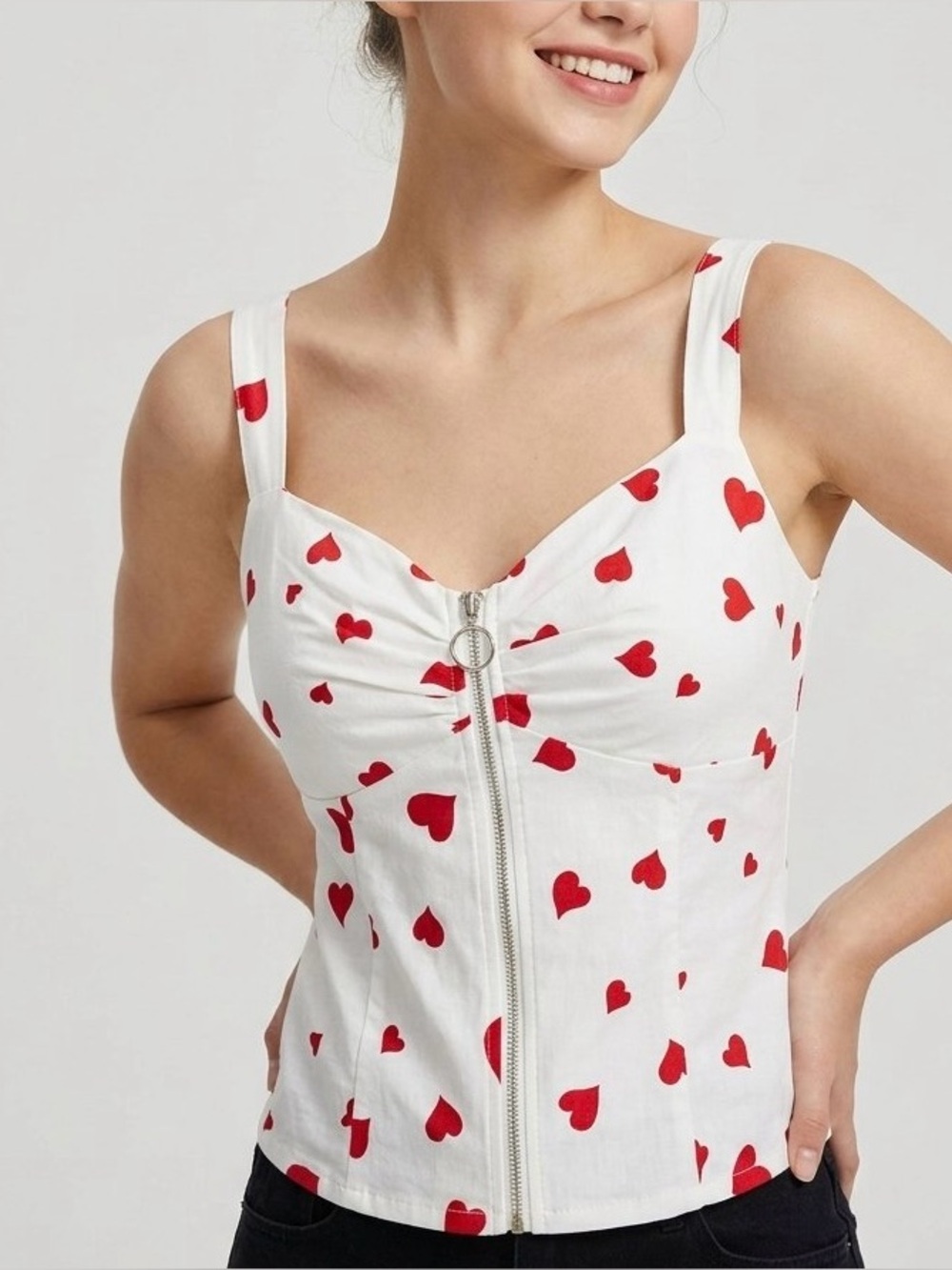 Luna Moon Ivory & Red Heart Zip Blouse Top L NWT Coquette , Y2K Style